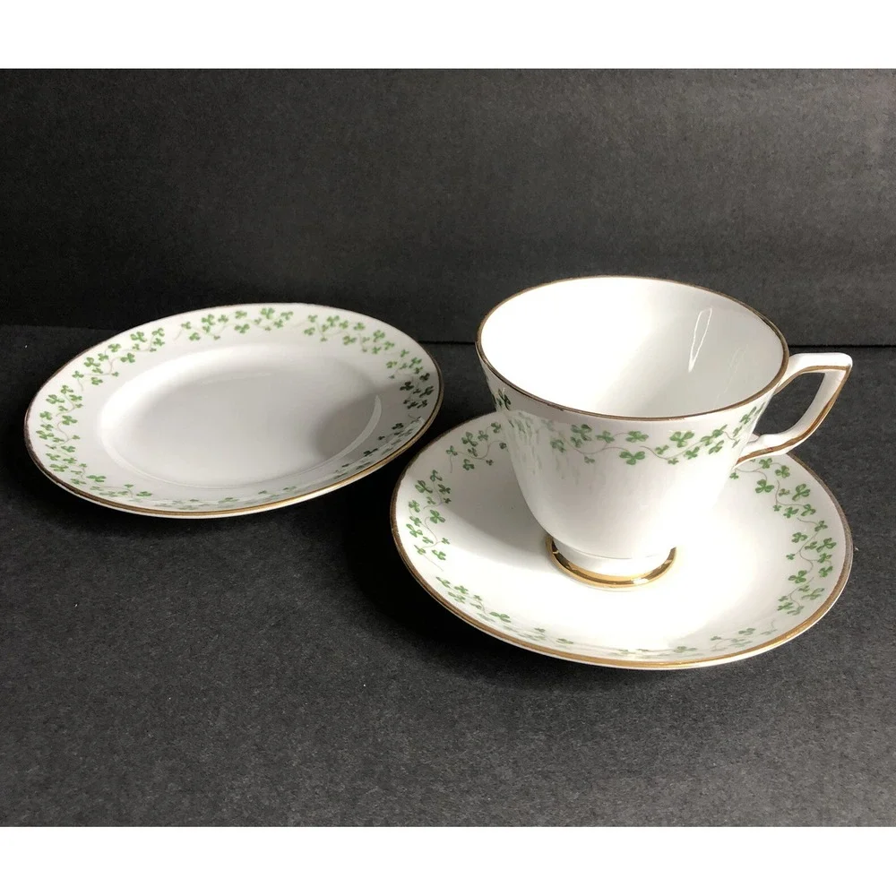 Royal Tara Shamrock Cup Saucer and Bread Plate Smooth Edge Made in Ireland 3 Pc